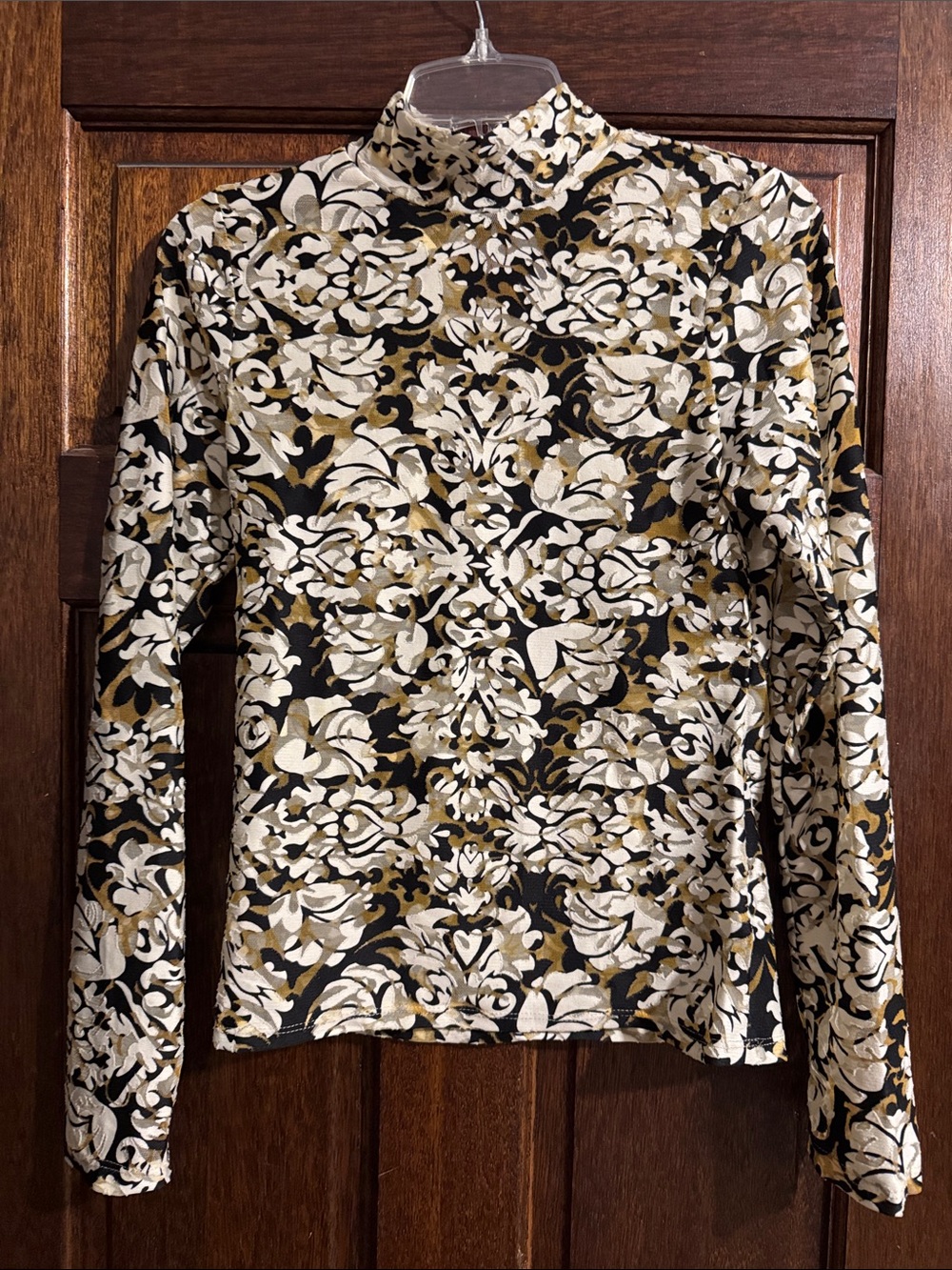 BUCKETLIST Long-Sleeve Mock Neck Top in Black, Cream & Gold